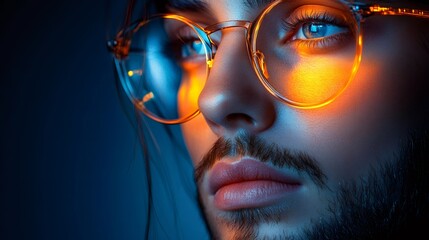 Close up portrait of stylish man wearing glasses with orange light reflection