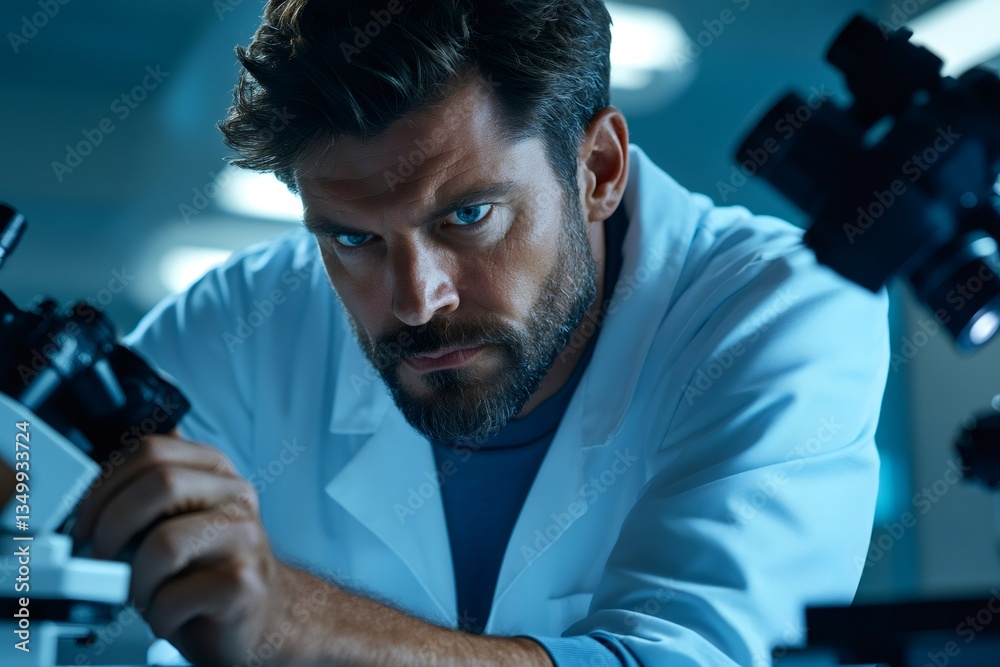 Poster Scientist working with microscope in laboratory at night