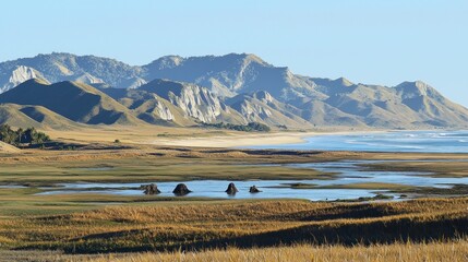 Coastal landscape with mountains, beach, and wetlands