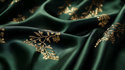 Elegance in Emerald Silk:  Close-up of luxurious emerald green silk fabric with gold floral pattern, capturing the interplay of light, shadow, and texture.