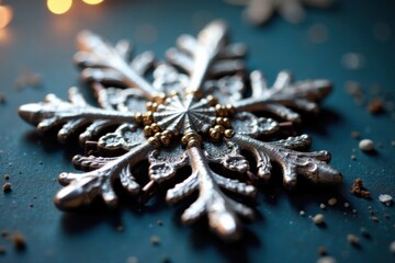 Intricate snowflake ornament with metallic accents , ornaments, decorations, snowflakes