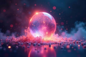 Fototapeta premium Iridescent misty aura surrounds a glowing orb amidst shimmering particles, shiny light, luminescence