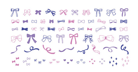 様々な形のかわいいリボン　シンプルでお洒落な装飾イラストセット　紐　蝶結び　手描き　ガーリー　蝶ネクタイ