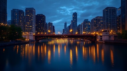 Obraz premium City skyline at dawn with a bridge over a calm river
