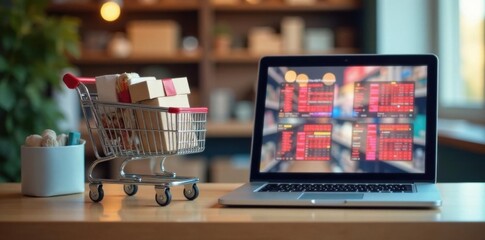 Laptop computer sitting on a table next to shopping cart with product boxes and bags,  gift packaging , laptop computer