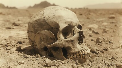Naklejka premium A weathered skull resting on arid ground, surrounded by rocky terrain and distant mountains, evoking a sense of mystery