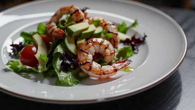 Fresh shrimp salad on white plate with mixed greens, cucumber slices and light dressing, healthy seafood lunch option beautifully presented