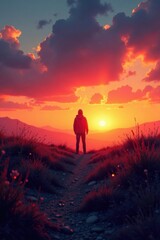 Lonely figure stands alone in empty landscape at sunset, solitude, sunsets