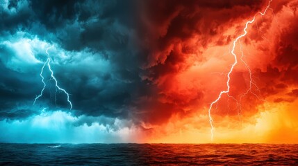 Fototapeta premium A Powerful Storm Unleashes Fiery Orange and Cool Blue Sky Drama with Intense Lightning Show Over the Ocean Waves Below
