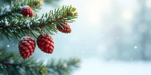 Lush fir branches and pine cones in snowy white, Christmas borders, pine cones