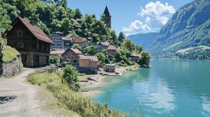 Naklejka premium Lakeside village nestled in Swiss Alps