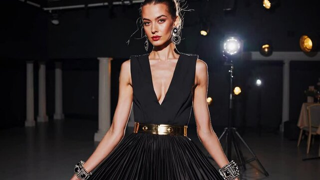 Fashion model in black evening gown with gold belt walking runway in professional studio, elegant dress with deep neckline showcased during photoshoot