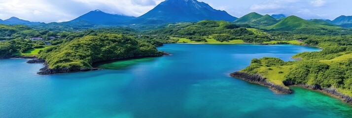 Serene Coastal Landscape with Lush Green Hills and Turquoise Water