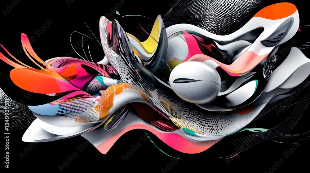Aufkleber Abstract colorful shapes and patterns flowing dynamically on black background.