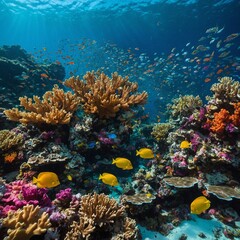 Obraz premium A mesmerizing coral reef where schools of neon-colored fish dart between towering coral formations, their vibrant hues glowing in the crystal-clear water