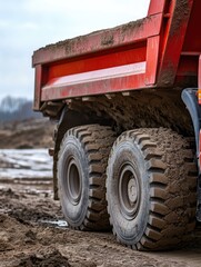 Red dump truck in muddy terrain