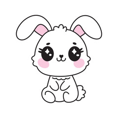 Cute Adorable Kawaii Cartoon Bunny Rabbit. Sweet Pretty Easter Character. Vector Illustration on White Background