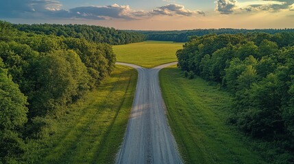 Crossroads in Nature: A Path Divides Through Verdant Landscape, leading to choice