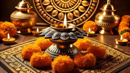 Traditional Brass Diya with Marigold Flowers for Ugadi Festival – Glowing Oil Lamp Decoration