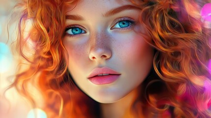 Close-up portrait of a young woman with vibrant red curly hair and blue eyes, freckles, and soft makeup.