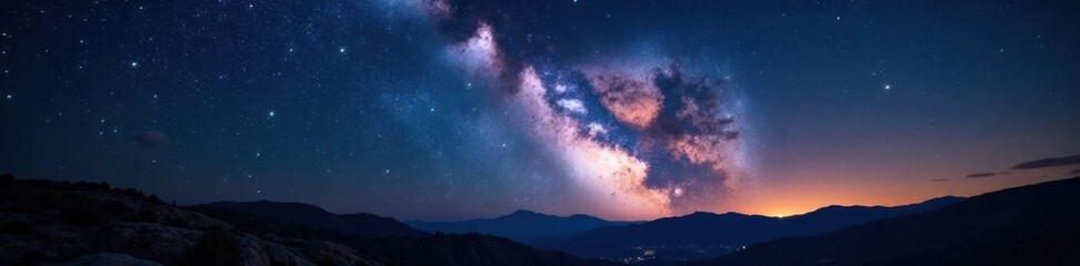 Naklejka premium Milky Way stretches across the vast black canvas of the night sky, celestial, space, nebula