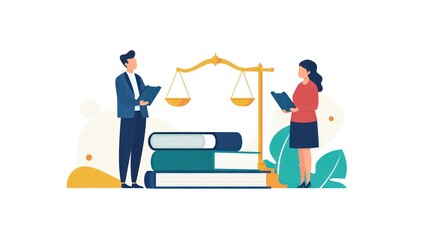 Lawyers discussing legal case, balance scales, books