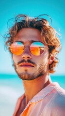 Young man wearing round sunglasses poses on the beach with vibrant ocean background during a sunny day