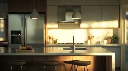Sunlit Modern Kitchen Interior Design: Warm Golden Hour Ambiance