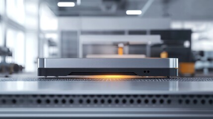 Futuristic Tech Device on Conveyor Belt in Modern Factory Setting