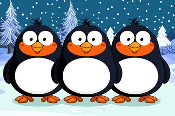 A Heartwarming 2D Cartoon of a Loving Penguin Family of Three Snuggled in a Winter Wonderland Under a Starry Night Sky