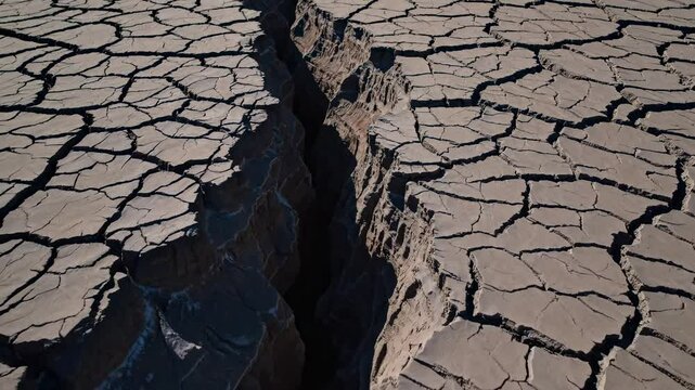 Deep fissure cutting through dried cracked soil, dramatic climate change effect showing severe drought conditions and environmental crisis