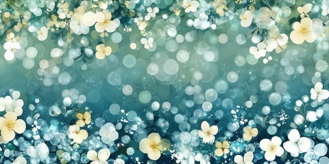 Dreamy teal backdrop with glowing screens and delicate watercolor blossoms, creating an abstract and colorful visual experience
