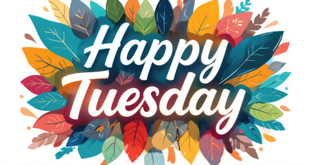 Obraz premium Happy Tuesday Graphic with Colorful Leaves for Social Media Posts