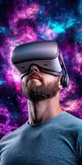 A Bearded Man Immersed in a Vibrant Cosmic Digital Realm while Experiencing Virtual Reality with a Sleek VR Headset