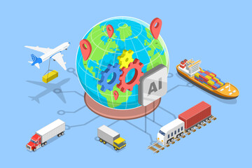 3D Isometric Flat Vector Illustration of Supply Chain Management, AI-Optimizing and New Technologies