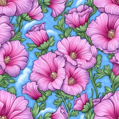 Seamless Pattern of Mini Pink Hollyhocks on Sky Blue Background with Fluffy White Clouds for Creative Design Projects