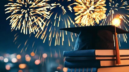 Fireworks light up the night sky as a graduation cap sits atop a stack of books, celebrating academic achievement