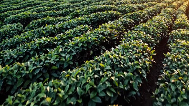 Aerial view of vast tea plantation with perfect rows of green bushes creating geometric patterns, sustainable agricultural landscape with organized crop cultivation