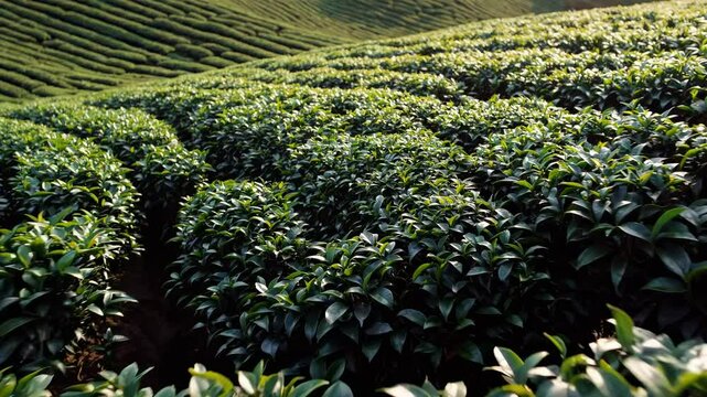 Aerial view of expansive tea plantation with perfectly manicured rows stretching across rolling hills, lush green agricultural landscape with geometric patterns