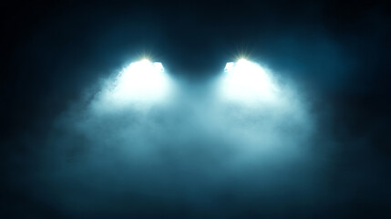 Fototapeta premium Realistic night car light flare in smoke fog vector effect isolated transparent background. Front view vehicle headlight lamp beam glow. 3d spooky dark headlamp lense flare spotlight, sport race auto