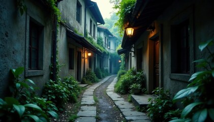 Fototapeta premium Moody dark alleyway with crumbling stone and overgrown vegetation, grimy, urban