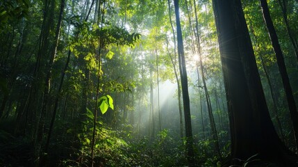 Fototapeta premium Sunlit Serenity: Capturing the dappled light filtering through a lush, verdant forest canopy, creating a sense of tranquility and wonder.