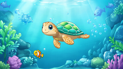 Character record video of turtle swimming in aquarium with fishes. Visitor in oceanarium with sea animals, cute tortoise reptile swim in blue water behind of glass wall, Cartoon vector illustration