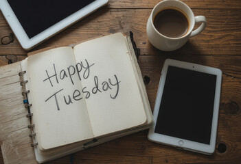 Happy Tuesday Message with Coffee and Tablet Devices on Wooden Desk