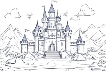 Fototapeta premium Majestic fairytale castle rising above mountain valley in hand drawn style