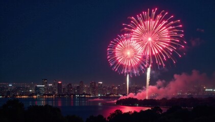 New Year's Eve fireworks exploding in the night sky over a cityscape, fireworks, vibrant