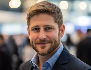 A photo of an attractive man with short brown hair and a beard, wearing a blue shirt under a black jacket at a tech conference