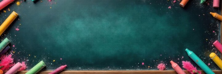 Obraz premium old blackboard with colorful chalk scattered around it, desks, chalk