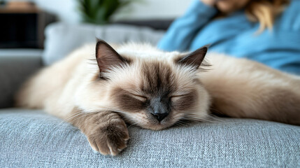 Fototapeta premium A peaceful cat soundly sleeping on a plush couch in a living room, enjoying a comfortable nap amidst a relaxing home environment.