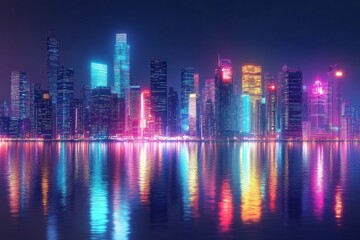 Fototapeta premium Neon Cityscape Reflection: A vibrant, futuristic city skyline at night, mirrored perfectly in calm waters. The colorful lights illuminate the urban landscape, creating a breathtaking scene.